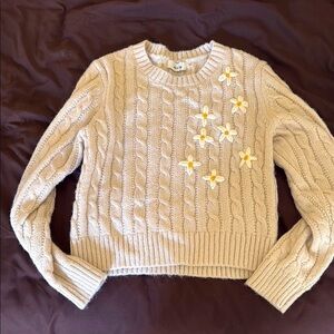 Women's Cream Cable Knit Sweater with Floral Accents